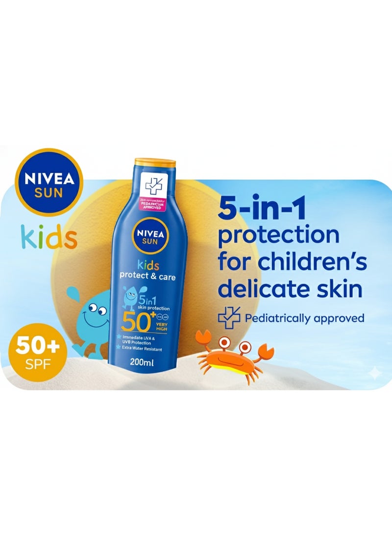 نيفيا لوشن واقي من الشمس للأطفال من نيفيا صن يحمي البشرة ويعتني بها بعامل حماية من أشعة الشمس 50+ 5 في 1، حماية عالية جدًا وفورية من الأشعة فوق البنفسجية UVA وUVB، مقاوم للماء بشكل إضافي 200 مل - Image 3